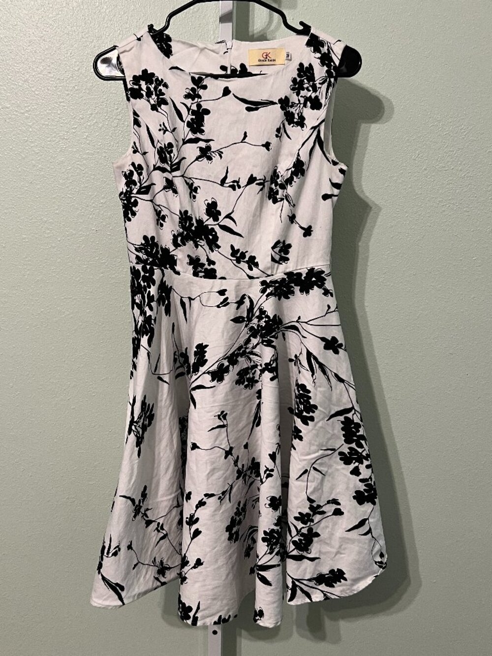 Grace Karin Fit & Flare Black & White Botanical Print Sleeveless Dress SZ Medium